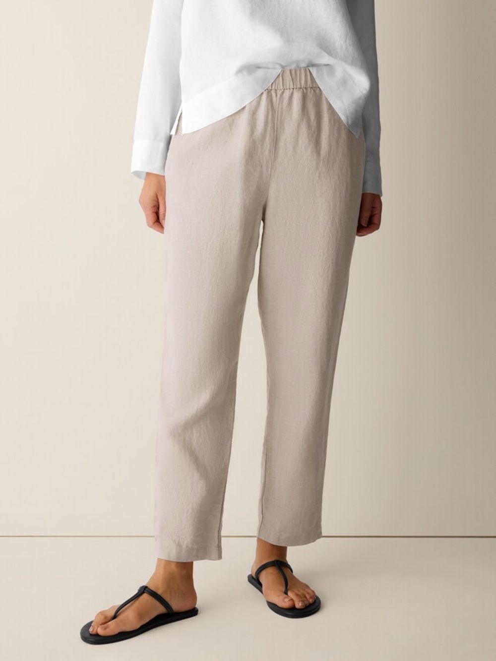 Eileen Fisher 100% Organic Linen Light Beige Elastic-Waist Pants Undyed Natural - Picture 5 of 10